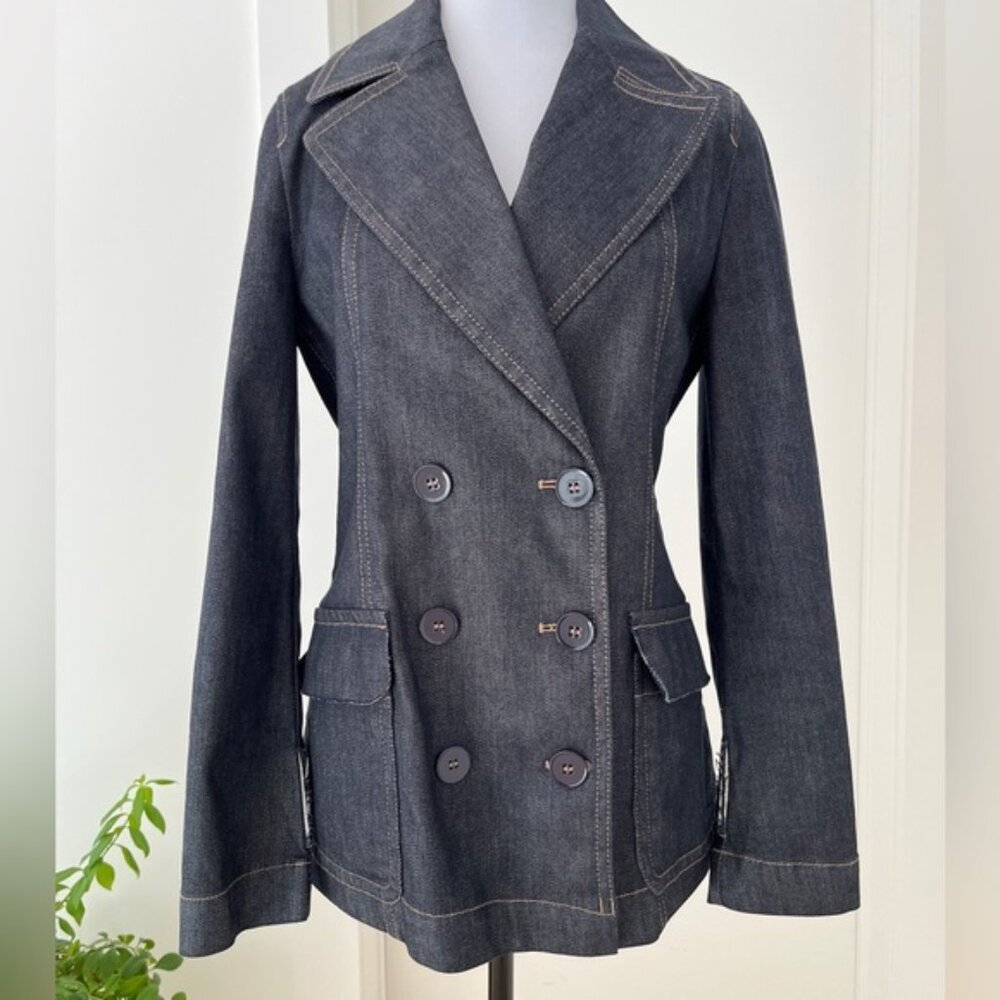 MARC CAIN Denim Double Breasted Jacket Raw Edge Detail Casual Office Nautical